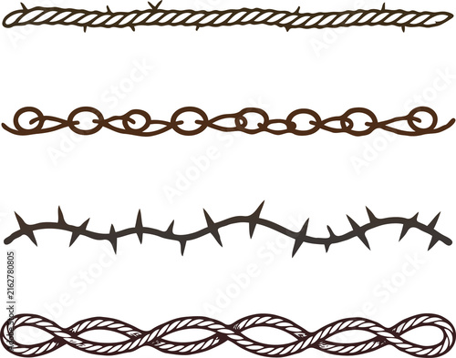 Set of silhouettes braids borders. Twisted Rope Decorative Elements. Barbed Wire black and white illustration. Barbwire hand drawn doodle. Elegant Spiral motifs. Intertwined Chain Link, Thorn