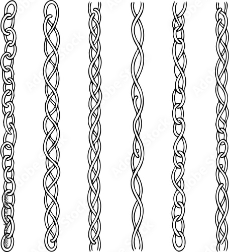 Set of silhouettes braids borders. Twisted Rope Decorative Elements. Barbed Wire black and white illustration. Barbwire hand drawn doodle. Elegant Spiral motifs. Intertwined Chain Link, Thorn