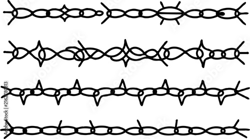 Set of silhouettes braids borders. Twisted Rope Decorative Elements. Barbed Wire black and white illustration. Barbwire hand drawn doodle. Elegant Spiral motifs. Intertwined Chain Link, Thorn