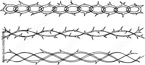 Set of silhouettes braids borders. Twisted Rope Decorative Elements. Barbed Wire black and white illustration. Barbwire hand drawn doodle. Elegant Spiral motifs. Intertwined Chain Link, Thorn