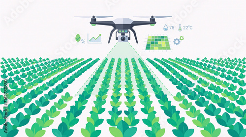 Agricultural Drone Scanning Crop Field with Humidity Temperature and Growth Data Illustration
