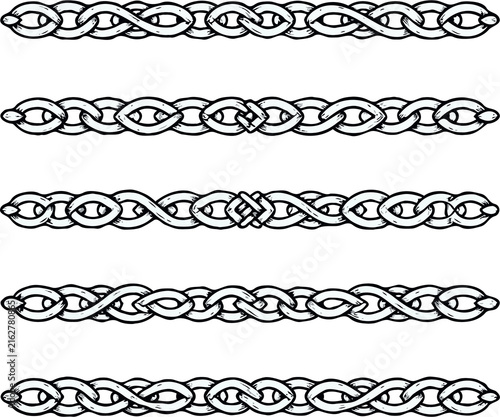 Set of silhouettes braids borders. Twisted Rope Decorative Elements. Barbed Wire black and white illustration. Barbwire hand drawn doodle. Elegant Spiral motifs. Intertwined Chain Link, Thorn