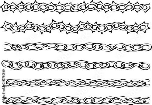 Set of silhouettes braids borders. Twisted Rope Decorative Elements. Barbed Wire black and white illustration. Barbwire hand drawn doodle. Elegant Spiral motifs. Intertwined Chain Link, Thorn