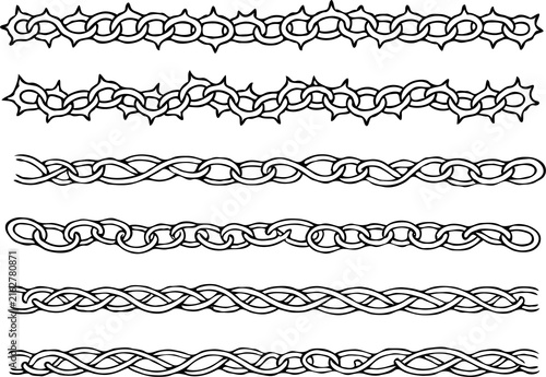 Set of silhouettes braids borders. Twisted Rope Decorative Elements. Barbed Wire black and white illustration. Barbwire hand drawn doodle. Elegant Spiral motifs. Intertwined Chain Link, Thorn