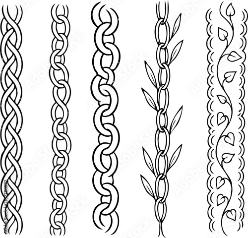 Set of silhouettes different braids borders. Twisted Rope Decorative Elements design. Barbed Wire black and white illustration. Barbwire hand drawn doodle. Elegant Spiral motifs. Intertwined Chain