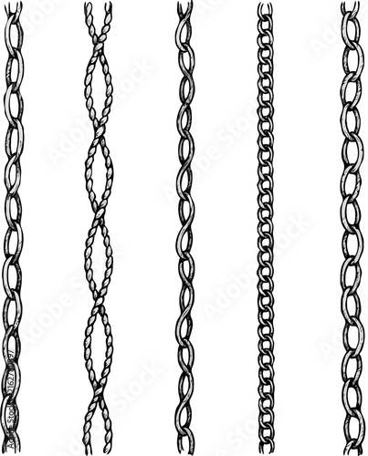 Set of silhouettes different braids borders. Twisted Rope Decorative Elements design. Barbed Wire black and white illustration. Barbwire hand drawn doodle. Elegant Spiral motifs. Intertwined Chain