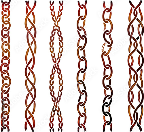 Set of silhouettes braids borders. Twisted Rope Decorative Elements design. Barbed  illustration. Barbwire hand drawn doodle. Elegant Spiral motifs. Intertwined Chain Link, Thorn, and Scribble Line. 