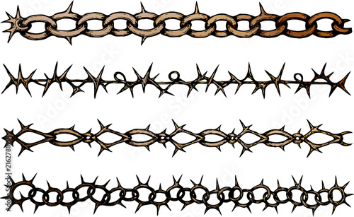 Set of silhouettes braids borders. Twisted Rope Decorative Elements design. Barbed  illustration. Barbwire hand drawn doodle. Elegant Spiral motifs. Intertwined Chain Link, Thorn, and Scribble Line. 