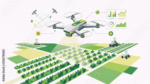 Agricultural Drone Analyzing Farm Data with Satellite Robots and Charts in Isometric Smart Farming Illustration