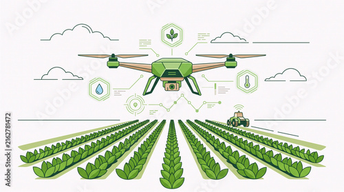 Smart farming drone flat illustration monitoring crop field with sensor icons and tractor