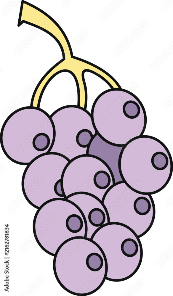 Naklejka premium Purple grapes forming a bunch on a stem, depicted in a simple cartoon illustration style