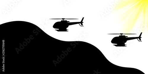Black Silhouette Helicopter Flying Over Mountain With Sun Travel Adventure Military Minimalist Illustration Background