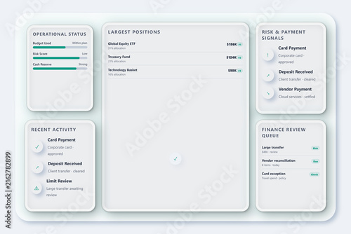 Finance dashboard with operational status, largest positions, risk payment signals, recent activity, and finance review queue, featuring a clean, minimalist ui for financial