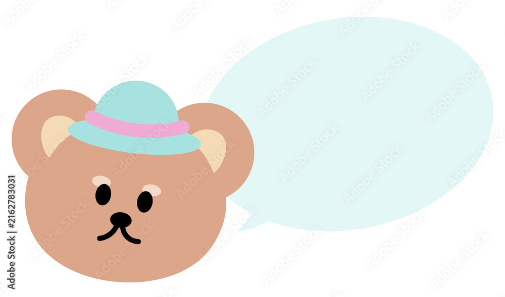 Fototapeta premium Teddy bear wearing a cap with text bubble for cartoon, comic, character, dialogue, chat box, fairy tale, speech, animal conversation, childhood, book, reading, back to school, kids, talking, sticker