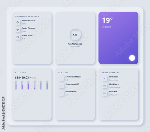 Sleek, minimalist ui dashboard featuring an upcoming schedule, team member profiles, cryptocurrency prices, music playlist, and weather information, business productivity apps