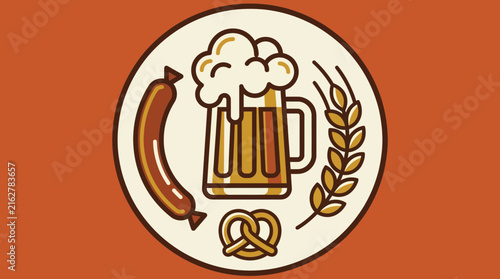 Oktoberfest emblem with beer mug sausage and pretzel icon