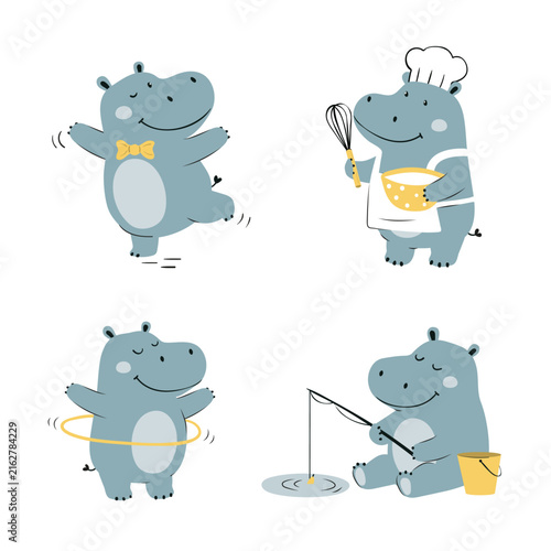 Cute cartoon Hippo set. Vector illustration of little happy hippopotamus