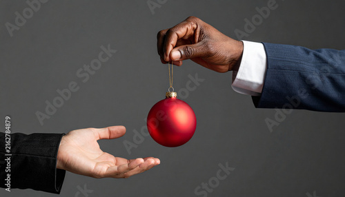 Business Hand Offering a Red Bauble to Another Hand