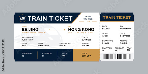 Vector flat train ticket template with passenger information and trip.