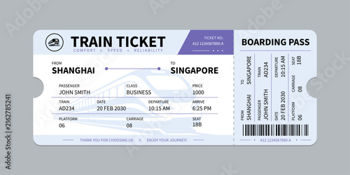 Vector flat train ticket template with passenger information and trip.