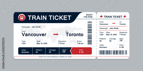 Vector flat train ticket template with passenger information and trip.