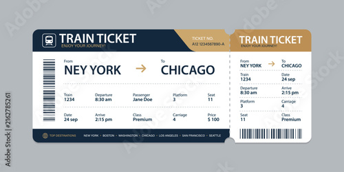 Vector flat train ticket template with passenger information and trip.