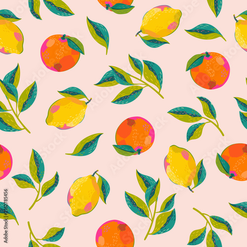 Seamless vector citrus pattern with hand drawn lemons and orange fruits