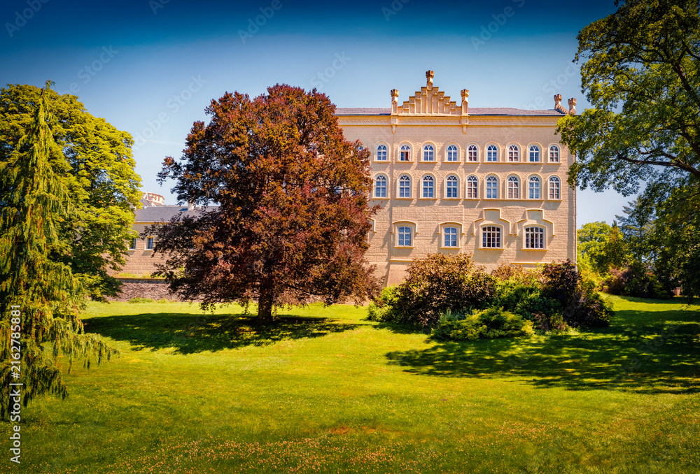 Fototapeta premium Bright morning view of Chyse castle. Breathtaking summer scene of Chyse town, town, Karlovy Vary Region, Czech Republic, Europe. Traveling concept background.