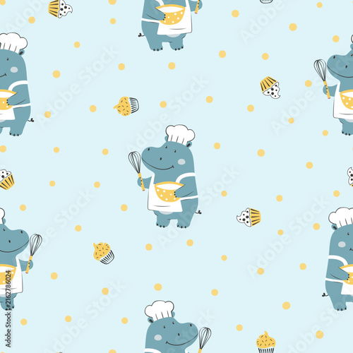 Seamless pattern with cute little chef Hippo and cakes. Childish print with hippopotamus