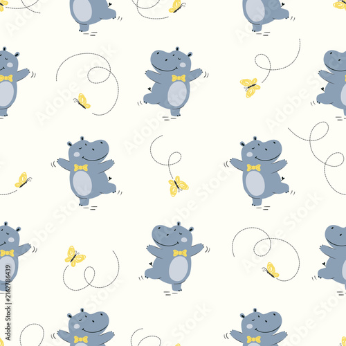 Cute little hippo and butterfly seamless pattern. Vector illustration with cartoon hippopotamus