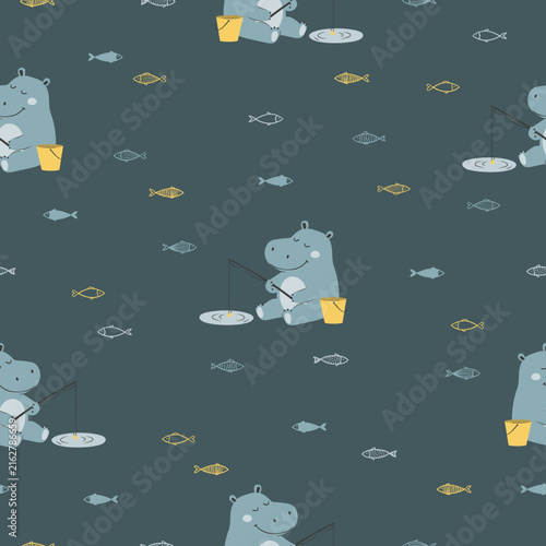 Cute little fishing hippo seamless pattern. Vector illustration with cartoon hippopotamus