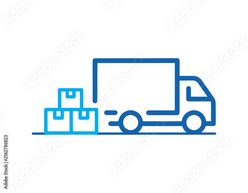 A minimalist blue line art icon of a delivery truck transporting a stack of cardboard boxes