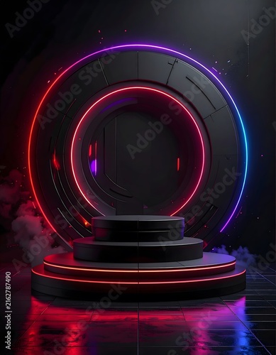 Futuristic stage with neon ring lights and smoky atmosphere, perfect for product launch or event.