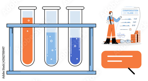 Laboratory test tubes and a worker filling out a compensation claim document vector illustration. Insurance, workplace injury, medical testing, legal claim, health benefits, financial aid. Lab