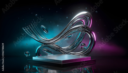 An abstract metallic sculpture with fluid curves and reflective surfaces, illuminated by vibrant cyan and magenta spotlights, floats above a polished platform in a dark, atmospheric studio.