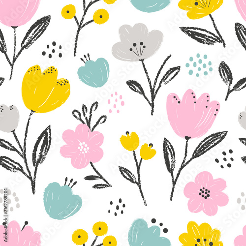 Seamless floral pattern wih hand drawn cartoon flowers. Vector print