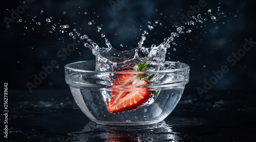 Sliced Strawberry Splashing into Clear Glass Bowl of Water with Crown Splash Droplets on Dark Background