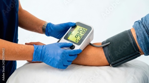 Nurse adjusting a digital blood pressure monitor on a patient’s arm to obtain an accurate cardiovascular reading during a medical examination.