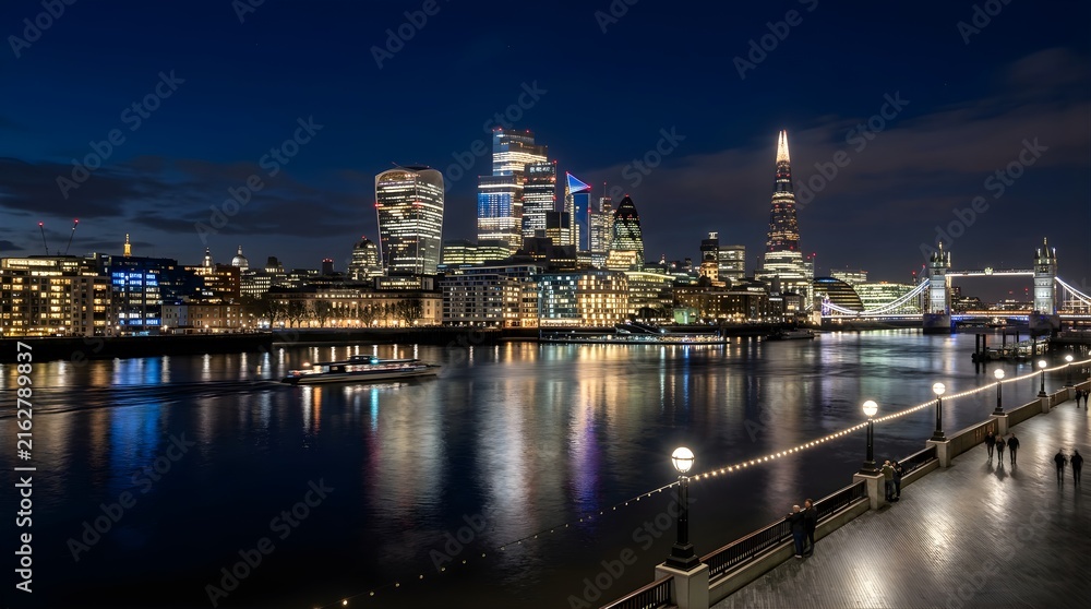 Fototapeta premium Illuminated London skyline at night featuring the River Thames and Tower Bridge.