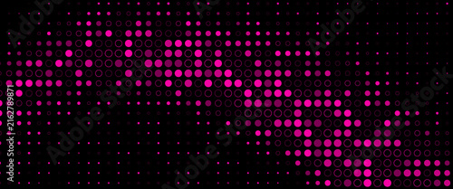 Abstract magenta pink halftone circle pattern background, dark dotted wave matrix gradient design, modern tech banner vector illustration