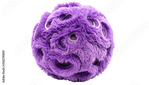 A fluffy, spherical toy with multiple circular openings and a vibrant purple color. It appears soft and inviting