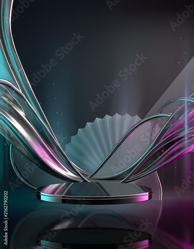 Black Friday & Cyber Monday:Futuristic stage podium with metallic and glass elements, illuminated by vibrant neon pink and blue lights against a dark, abstract background.