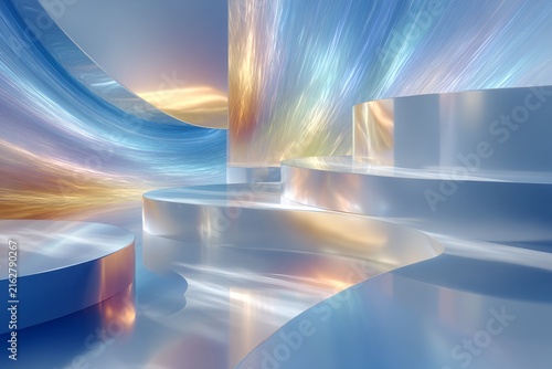 Abstract futuristic 3D background with metallic platforms and blue glowing waves