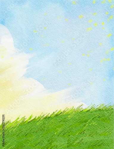cute abstract watercolor illustration of colorful soft pastel cloud blue sky, grass field, meadow hill scenery background wallpaper	