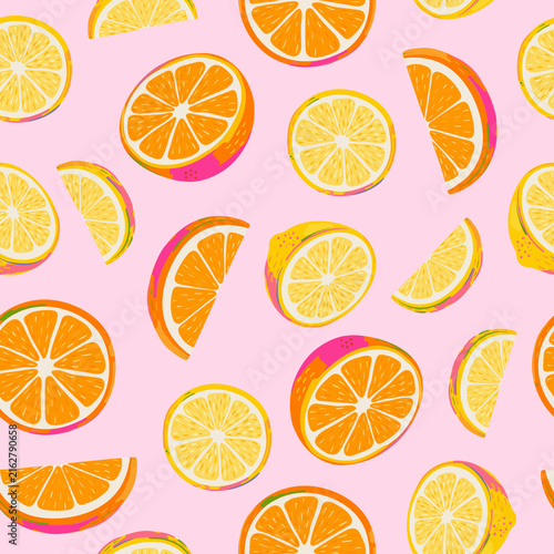 Seamless vector citrus pattern with slices of lemons and orange fruits