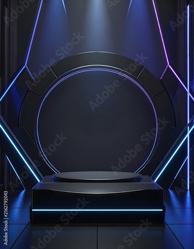 Futuristic stage with a circular backdrop, illuminated by neon blue and purple lights, featuring a spotlight shining on an empty podium, evoking a sense of anticipation and performance.