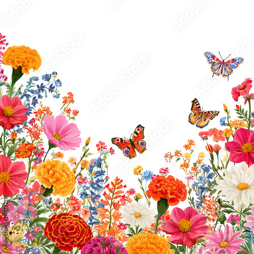 Colorful Watercolor Wildflower Border with Butterflies and Large Copy Space