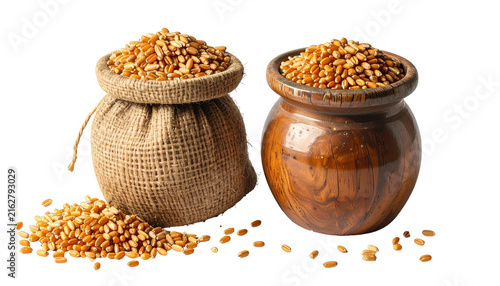 Two rustic containers, one burlap bag, and a wooden pot, are overflowing with golden wheat kernels. Some kernels spill onto the surface
