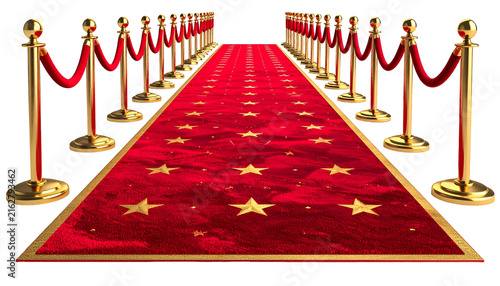 A red carpet with golden stars and stanchions, inviting attendees to a glamorous event. The velvet ropes lead the way