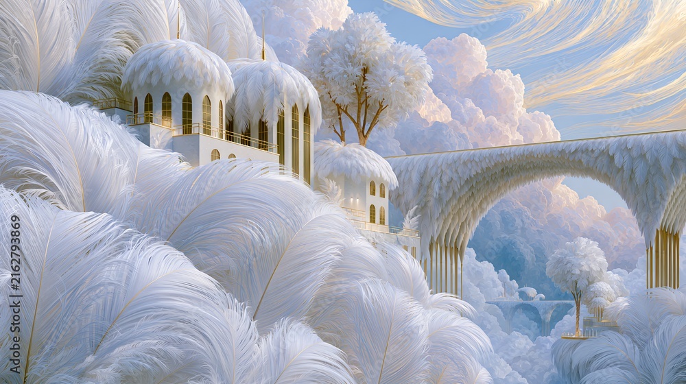 Fototapeta premium Fantasy white city with elegant architecture and bridge in ethereal landscape